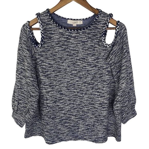 LOFT Nubby Cold Shoulder Puff Sleeve Sweater Top Textured Spacedye Size Medium - Picture 1 of 6
